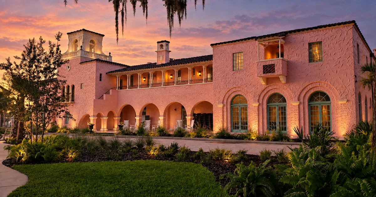 The Hacienda’s tower and courtyard arches at sunset.